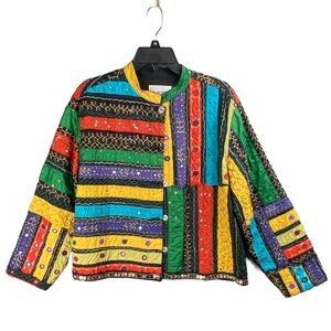 Chico's Quilted Jacket Size 2 / 12 / L Primary Colors Art to Wear Embellished